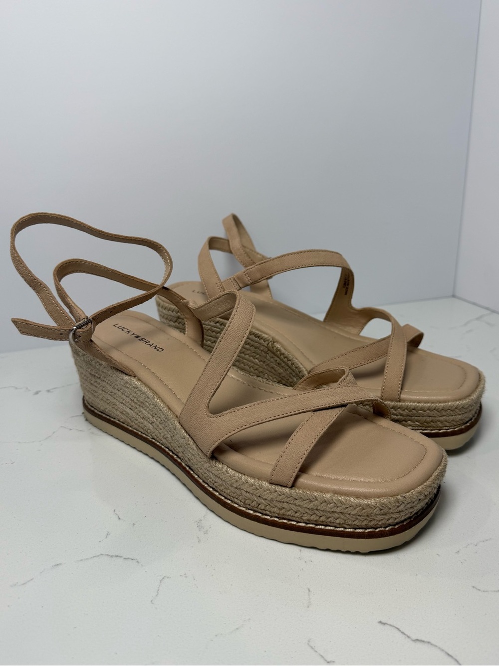 Lucky Brand Beige Leather Strappy Espadrille Wedge Sandals